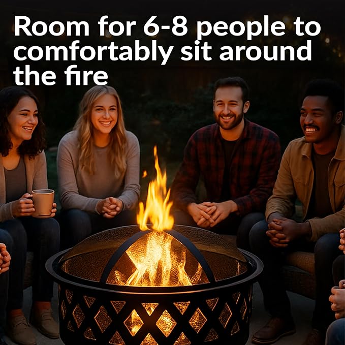 Sunnydaze Crossweave Outdoor Fire Pit - Wood-Burning Fire Pit for Outside with Spark Screen Poker and Round Cover - 30-Inch - Black
