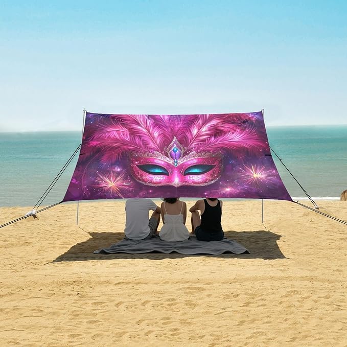 Carnival Masquerade Mask Mardi Gras Beach Tent Sun Shelter Set UPF50+ UV Protection 10.5 x 9.19 FT Camping Shade Canopy with Sandbags Sand Anchors Carrying Bag and Others