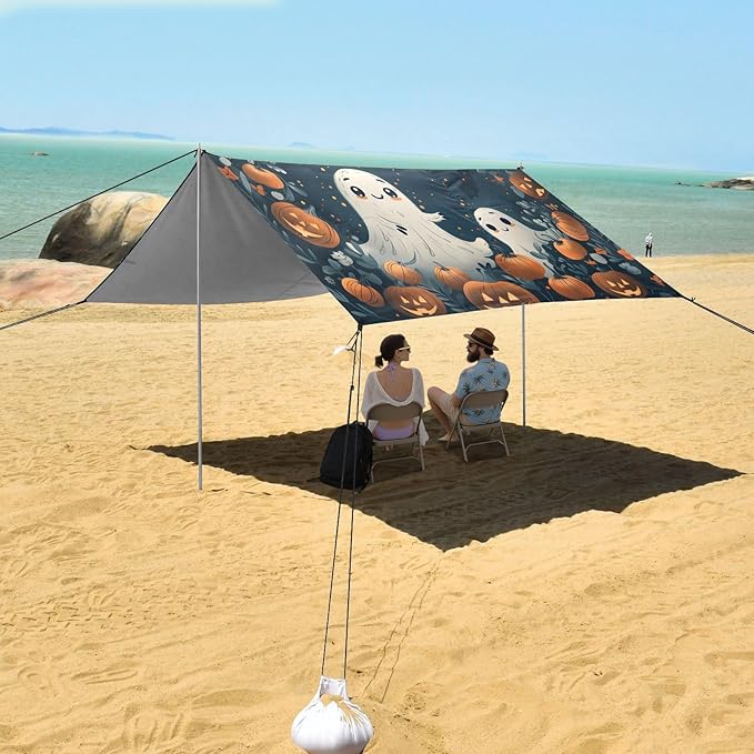 ALAZA Halloween Pumpkin Beach Tent Sun Shelter UPF50+ Protection Beach Shade Canopy w/ 4 Sandbags for Outdoor Camping Fishing Backyard Fun Picnic 10x9 ft