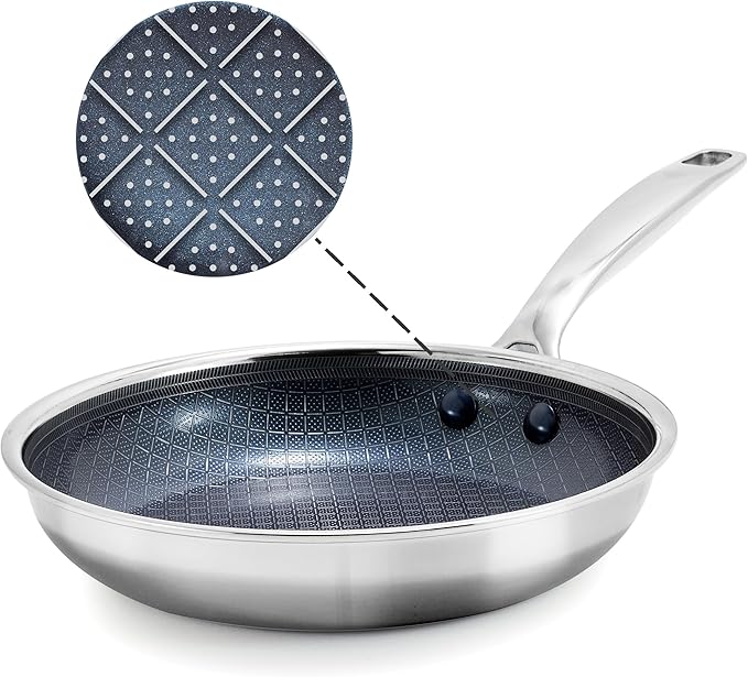 Blue Diamond Hybrid Nonstick Stainless Steel 10” Frying Pan PFAS-Free Ceramic Diamond Surface Skillet Diamond Bond Powerful Searing Dishwasher Safe Stay-Cool Handle Induction Ready All Cooktops