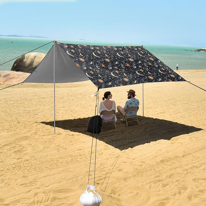 ALAZA Sun Moon &amp Star Boho Beach Tent Sun Shelter UPF50+ Protection Beach Shade Canopy w/ 4 Sandbags for Outdoor Camping Fishing Backyard Fun Picnic 10x9 ft