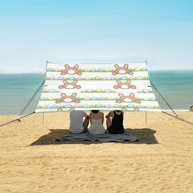 Easter Bunny Beach Canopy Sun Shelter with Sandbags &amp Sand Shovel &amp Windproof Ropes - Portable 110x126 Beach Shade Beach Tent for Camping Picnics
