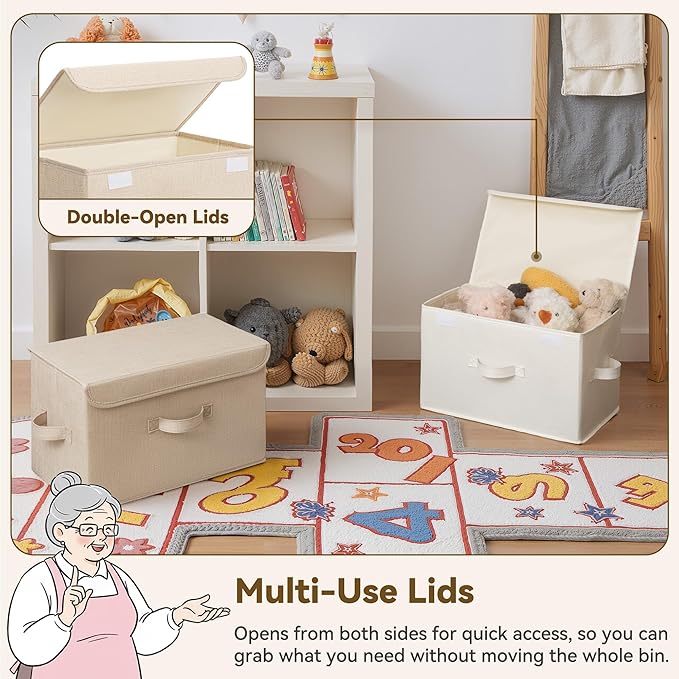 GRANNY SAYS Stoarge Basket with Lid Decorative Storage Boxes Closet Storage Bins for Clothes Collapsible Stackable Organization Ivory White&ampKhaki 2-Pack
