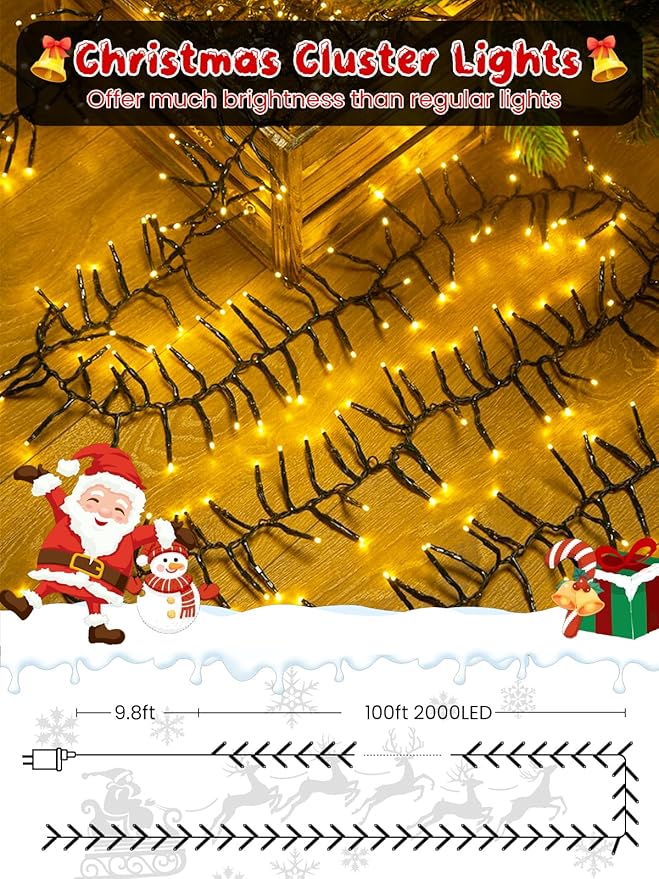 100FT 2000 LED Christmas Cluster Lights Firecracker String Lights with Remote &amp 8 Modes &amp Timer Waterproof Fairy Twinkle Light Plug in for Indoor Outdoor Party Yard Xmas Tree Decoration War