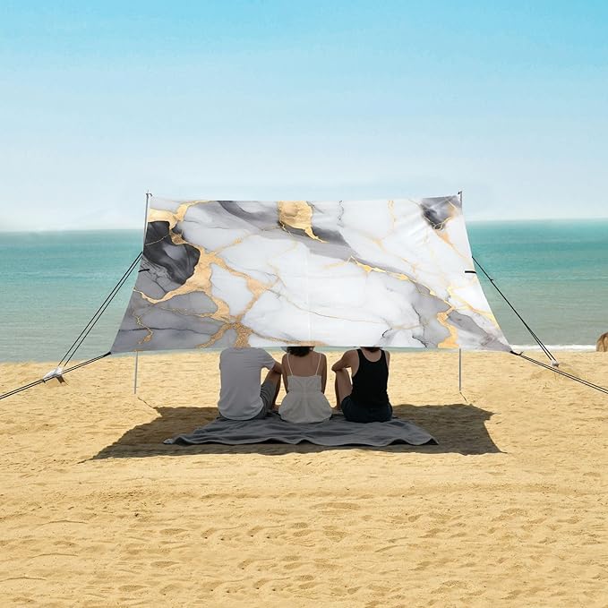 ALAZA White &amp Gold Marble Beach Tent Sun Shelter UPF50+ Protection Beach Shade Canopy w/ 4 Sandbags for Outdoor Camping Fishing Backyard Fun Picnic 10x9 ft