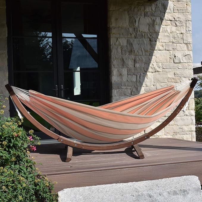 Vivere Double Cotton Hammock with Solid Pine Arc Stand - 450 lb Capacity Durable FSC Wood Frame Includes Hardware &amp User Guide - 450 lb Weight Capacity (Cameo)