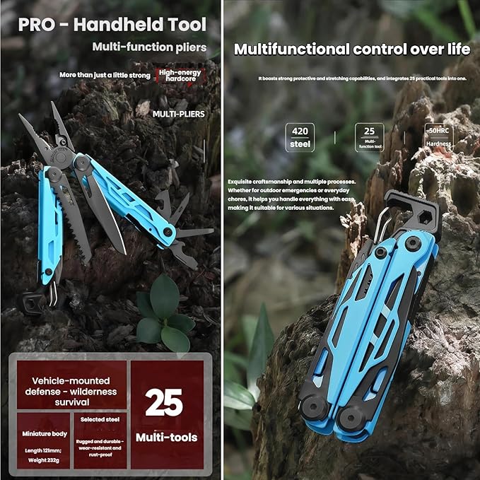Multitool 25-in-1 Full-Size Lightweight EDC Multi-Purpose Pliers Folding Knife Camping Knives &amp Tools Outdoor Survival Gear Men Gift Ideas Gifts for Hunters Men who have Everything (Sky Bl
