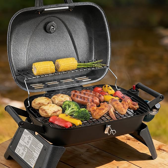 Royal Gourmet GT2006 Portable Tabletop Gas Grill 12000 BTU Output for Outdoor Camping Foldable Legs Piezo Ignition Built-in Thermometer for Tailgates and Camping Trips Dark Gray