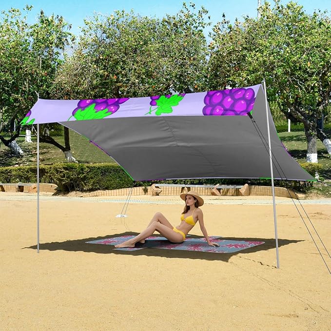 xigua Grape Beach Tent Sun Shelter with Carrying Bag - Silver Coated Oxford Fabric Beach Canopy for Beach Camping Fishing - Includes Windproof Ropes Sandbags &amp Stakes