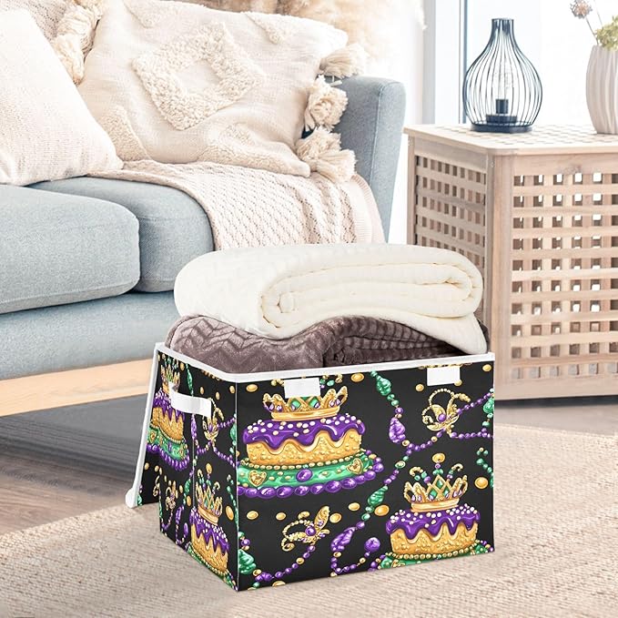 Christmas Storage Baskets with Lids Mardi Gras Carnival Cake Collapsible Bins Stackable Fabric Linen Baskets Closet Organizer Container 16.5x12.6x11.8