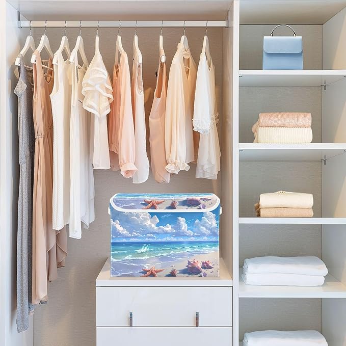 Kigai Beach Shells Foldable Storage Bin Cube Organizer Basket with Flip-Top Lid Clothes Blanket Box for Home Office Closet
