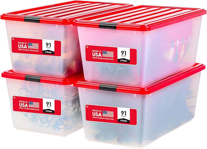 IRIS USA 91 Qt. Stackable Plastic Storage Bins with Lids 4 Pack - BPA-Free See-Through Organizing Solution Latches Durable Nestable Containers Secure Pull Handle Made in USA - Red