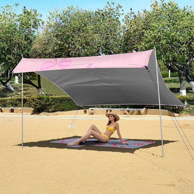 ALAZA Pink Purple and Blue Bow Heart Beach Tent Sun Shelter Portable Canopy Sunshade for Outdoor Camping Picnics Backyard Fun 10x9 ft