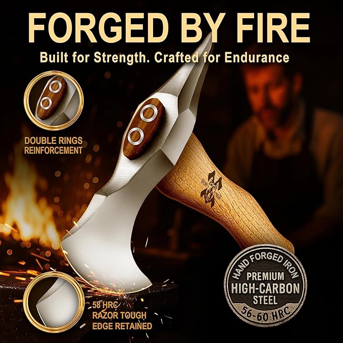 Grumpy Bear 11 Survival Axe Camping Hatchet – Forged High Carbon Steel Blade with Walnut Wood Handle – Shock-Absorbing Anti-Slip Grip – Ideal for Bushcraft Wood Splitting &amp Outdoor Adventures