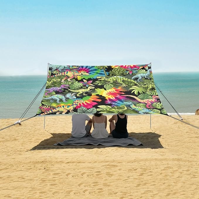 Vibrant Jungle Dinosaurs Beach Tent Sun Shelter Set UPF50+ UV Protection 10.5 x 9.19 FT Camping Shade Canopy with Sandbags Sand Anchors Carrying Bag and Others