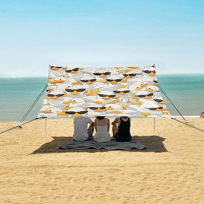 ALAZA White Duck with Sunglasses Beach Tent Sun Shelter Portable Canopy Sunshade for Outdoor Camping Picnics Backyard Fun 10x9 ft