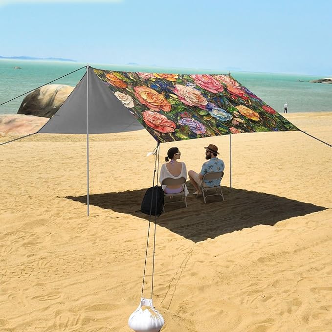 ALAZA Rose Flowers Painting Beach Tent Sun Shelter UPF50+ Protection Beach Shade Canopy w/ 4 Sandbags for Outdoor Camping Fishing Backyard Fun Picnic 10x9 ft