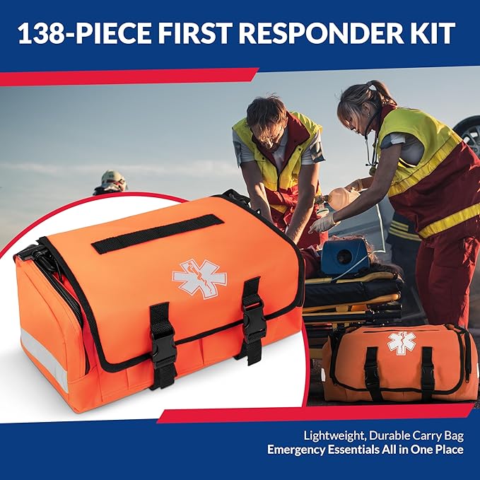 First Responder Trauma First Aid Kit Bag – Fully Stocked Emergency Medical Kit for Workplace Vehicle &amp Home – OSHA &amp ANSI Compliant – Portable – Orange