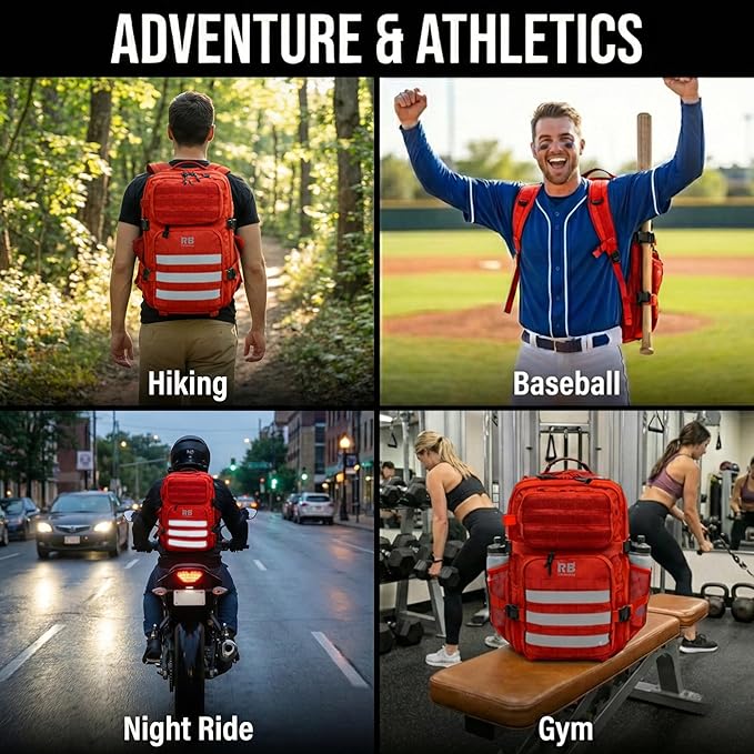 riderbag Xtreme 30L Tactical Carry-On Backpack for Airplanes Work Gym and Team Sports with 16 Inch Laptop Sleeve Stick Holder Recycled rPET Fabric Rain Cover (red)