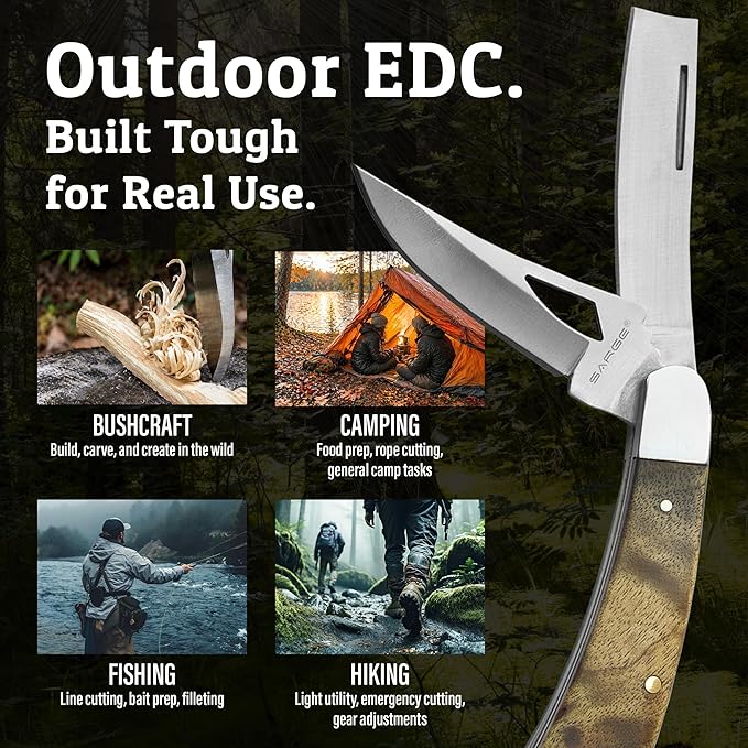 Sarge Knives Two Blade Pocket Knife (2 Blades) Compact Folding EDC Knife with 440 Stainless Steel Razor + Drop Point Maple Burlwood Handle Everyday Carry Knife for Camping Hunting &amp Utility U