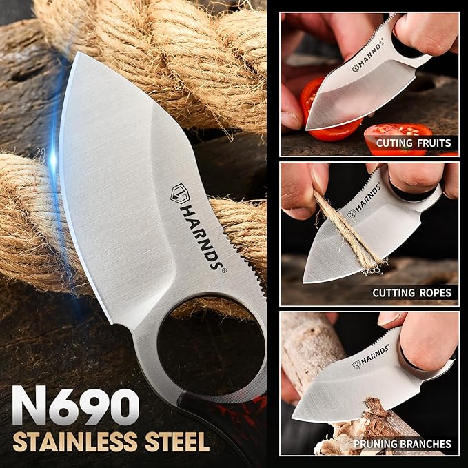 Harnds Small Fixed Blade Knife Full Tang Camping EDC with N690 Steel and Carbon Fiber Handle for Fishing and Skinning Eggplant