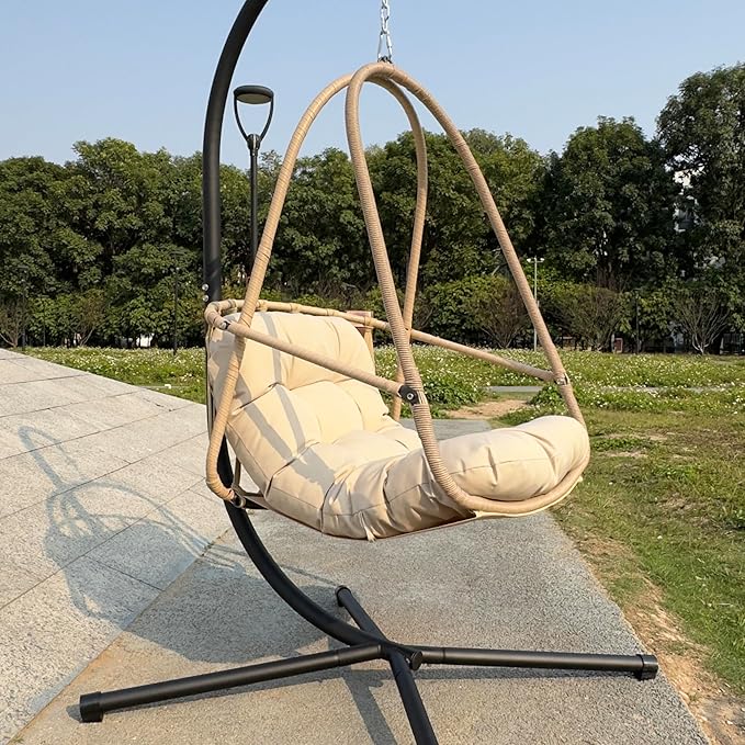 Foldable Rattan Egg Hanging Chair with Stand for Indoor and Outdoor Relaxation Featuring Removable Safety Rail and Convenient Cup Holder with Included Comfort Cushions