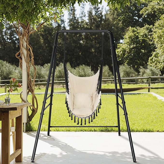 Outdoor Hammock Chair StandA-Shaped Metal Swing Stand FrameWeather Resistant Hammock Swing StandHeavy Duty Hanging Chair Stand Onlywith Three Hooksfor Bedroom Garden Patio Porch (Black)