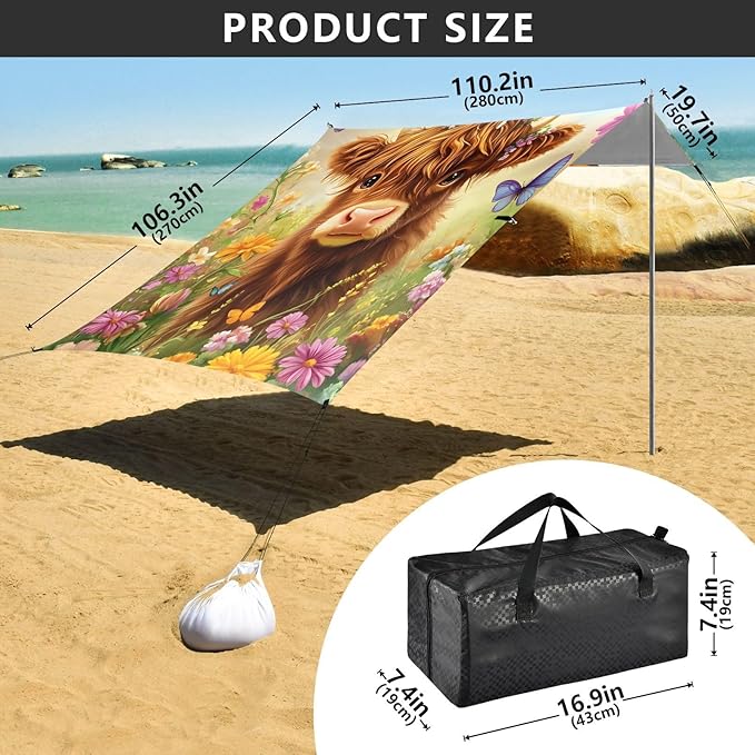 ALAZA A Cute Highland Cow Flowers Beach Tent Sun Shelter Portable Canopy Sunshade for Outdoor Camping Picnics Backyard Fun 10x9 ft