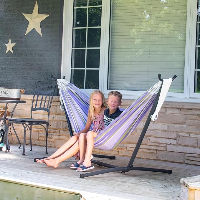Vivere Double Cotton Hammock with Space Saving Steel Stand Upgraded Polyester End Strings 450 lb Capacity - Premium Carry Bag Included - USA Grown Cotton (Tranquility)