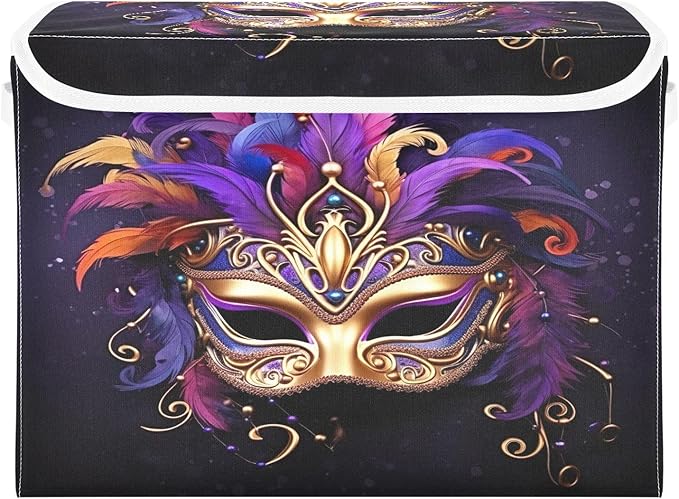 Christmas Storage Baskets with Lids Carnival Masquerade Mask Collapsible Bins Stackable Fabric Linen Baskets Closet Organizer Container 16.5x12.6x11.8