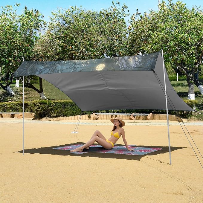 Fairy Game Anime Girl Beach Canopy UPF50+ Easy Setup Large Sun Shelter with Sandbags Sand Shovel Poles for Camping Picnics Backyard