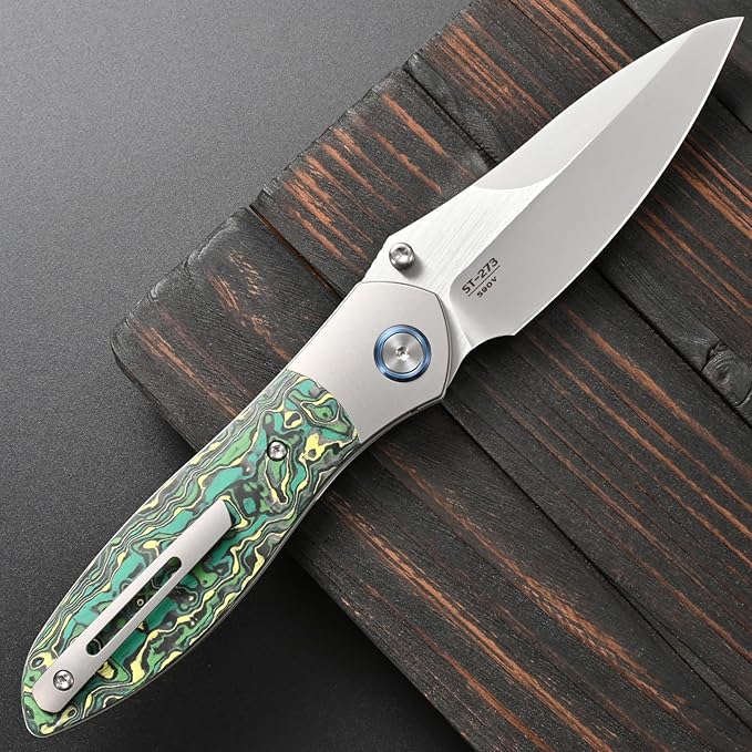 Sitivien ST273 Folding Knife S90V Steel Blade Titanium &amp Carbon Fiber Handle Knife with Pocket Clip for Outdoor Camping Hiking Survival Hunting (Green)