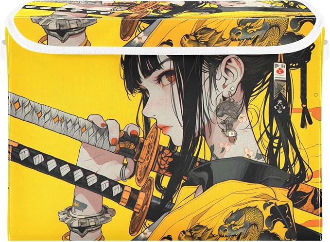 Storage Cube with Lid Samurai Anime Yellow Print 16.5×12.6×11.8 IN Collapsible Large Capacity Foldable Storage Basket Bin Organizer