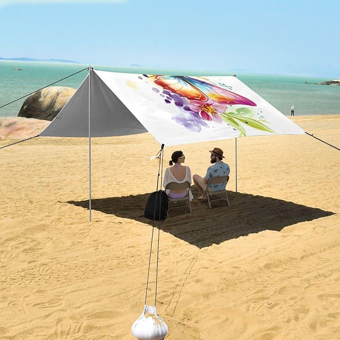ALAZA Butterfly Music Notes Beach Tent Sun Shelter UPF50+ Protection Beach Shade Canopy w/ 4 Sandbags for Outdoor Camping Fishing Backyard Fun Picnic 10x9 ft