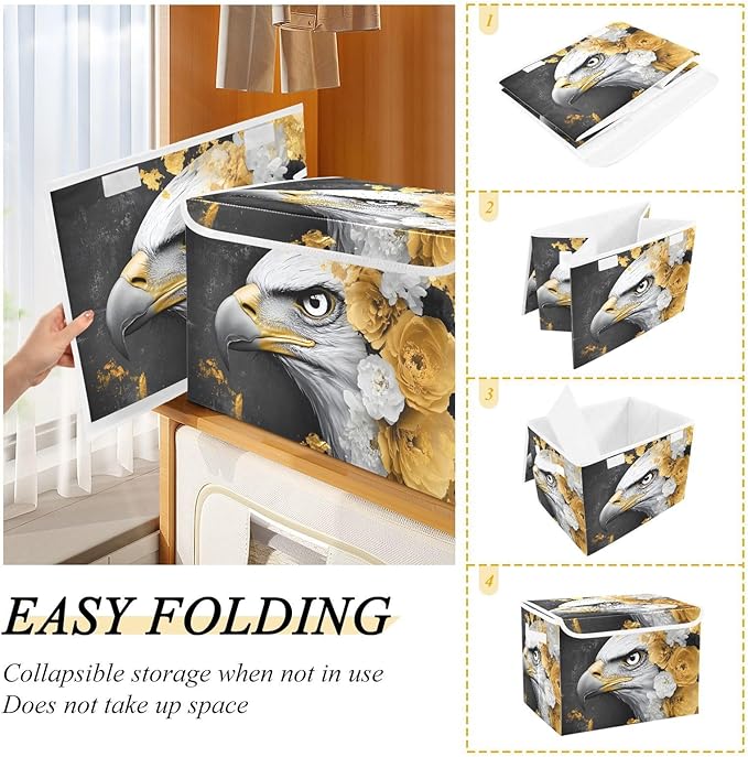 AIXIWAWA Lidded Storage Cube (Bird Gold Floral) Fabric Foldable Closet Bins with Flip Lid and Handles Organizer Basket Container 16.5 x 12.6 x 11.8 IN