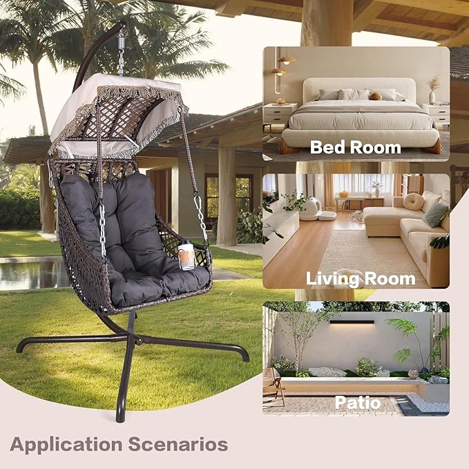 Swing Egg Chair with Stand Indoor Outdoor Wicker Rattan e 350lbs Capacity Hammock Chair for Patio Bedroom with Sunshade Cloth Courtyard Cushion and Pillow(Old W1132P169534)