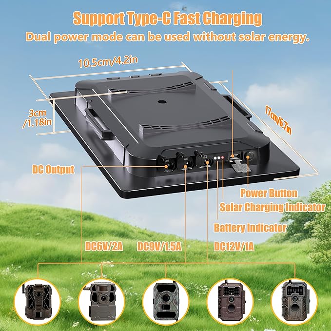 Trail Camera Solar Panel6W Solar Battery Charger Kit 6V/2A 9V/1.5A 12V/1A with 6000mAh Battery for Hunting CameraIP65 Waterproof Hunting Accessory1.7/2.1/1.35mm DC Connectors for Trail Cam (2 Pack)