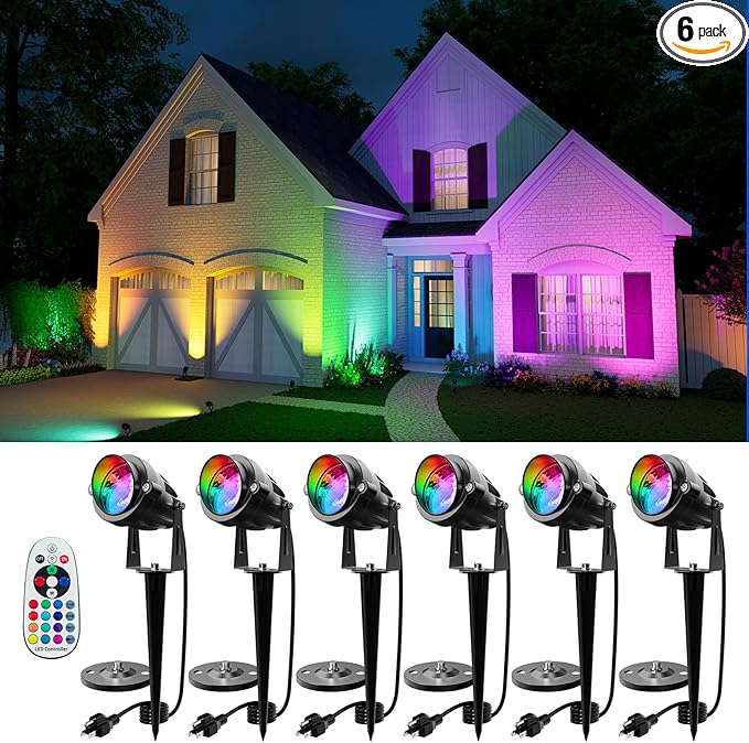 6 Pack Color Change Spotlights for Decor Lighting 120V Remote Waterproof Plug-in Multicolor Landscape Spot Light Uplight for Yard Decoration Tree Bush Status Indoor Plant Picture &amp Painting