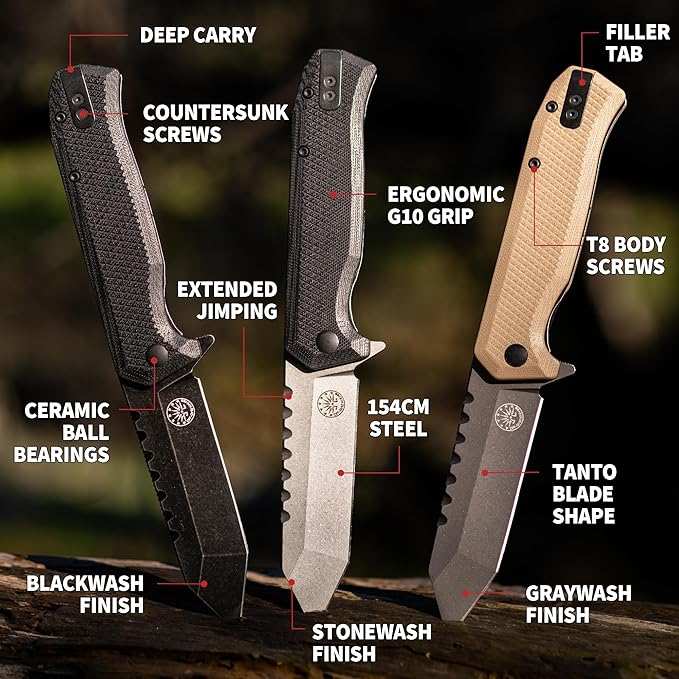 Off-Grid Knives - Viper V2 with154CM Steel Tanto Blade Grippy G10 Scales Left or Right Deep Carry Clip Ceramic Ball Bearings (Coyote)