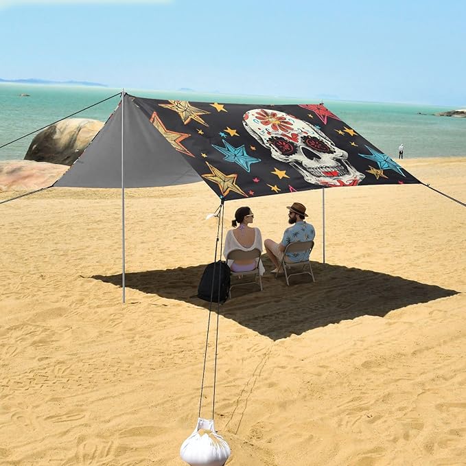 ALAZA Sugar Skull Stars Beach Tent Sun Shelter Portable Canopy Sunshade for Outdoor Camping Picnics Backyard Fun 10x9 ft
