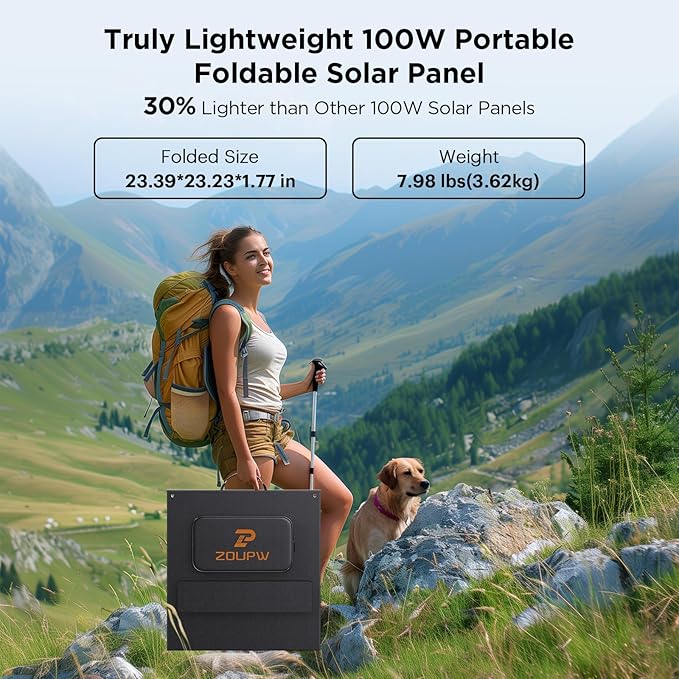 ZOUPW 100W Portable Solar Panel N-Type 16BB25% Efffciency Ultralight 7.98lbs Foldable Solar Charger for Jackery 300/EcoFlow River/Bluetti/Anker Solix IP67 Waterproof for RV Camping Off-Grid