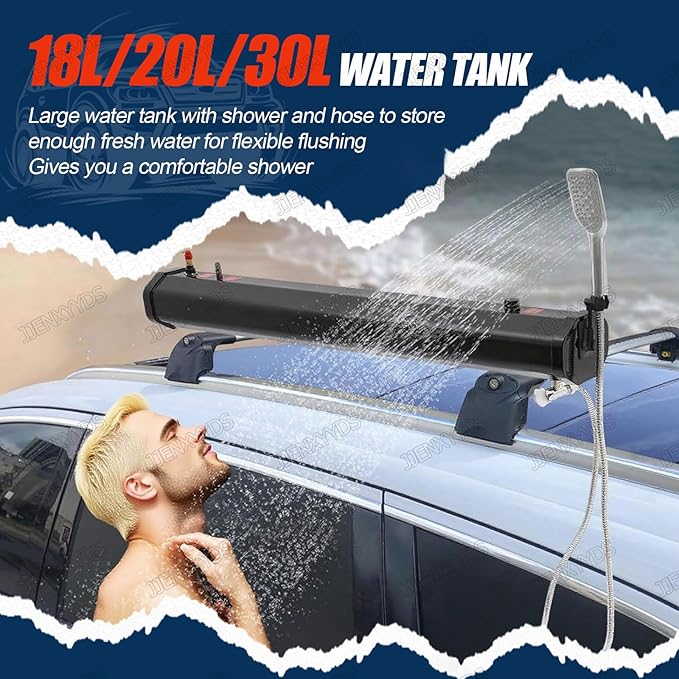 Portable Solar Heated Road Shower18L/20L/30L Pressurized Water Tank for Camping Showerwith 4.92ft Water Pipe and Shower Headfor Trucks Off Road Vehicles RV SUV Water Storage 20L/4.4Gal
