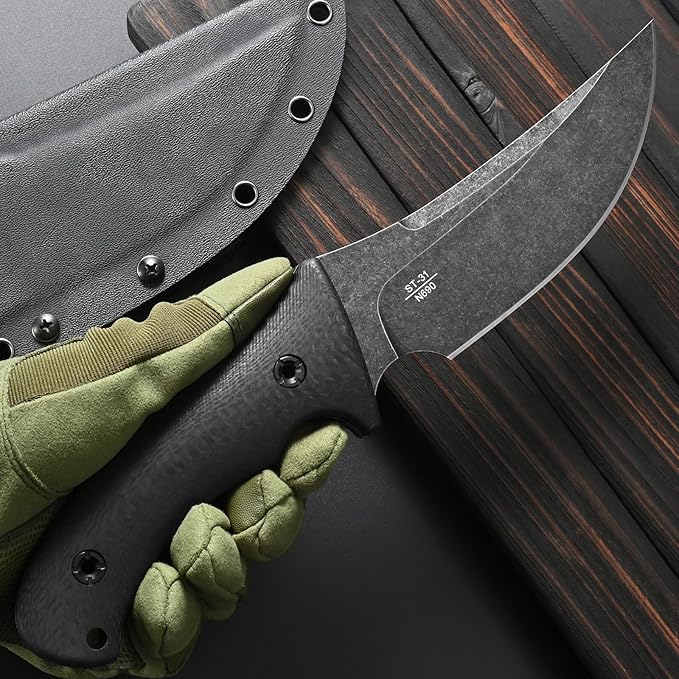 Sitivien ST31 Fixed Blade Knife N690 Black Stonewashed Steel Blade Carbon Fiber Handle Full Tang EDC Straight Knife for Outdoor Working Camping Hunting Fishing(Black)