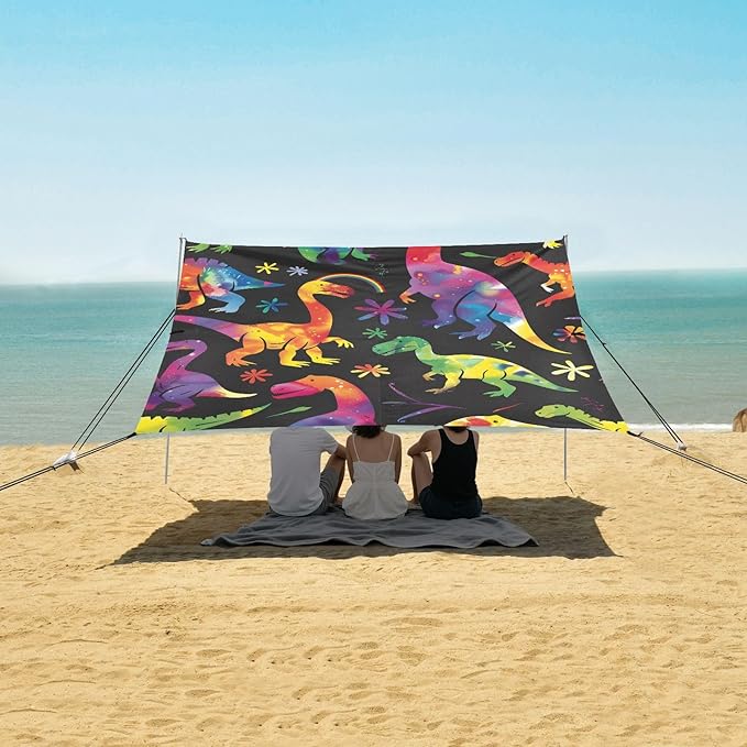 ALAZA Rainbow Dinosaurs Dino Beach Tent Sun Shelter UPF50+ Protection Beach Shade Canopy w/ 4 Sandbags for Outdoor Camping Fishing Backyard Fun Picnic 10x9 ft