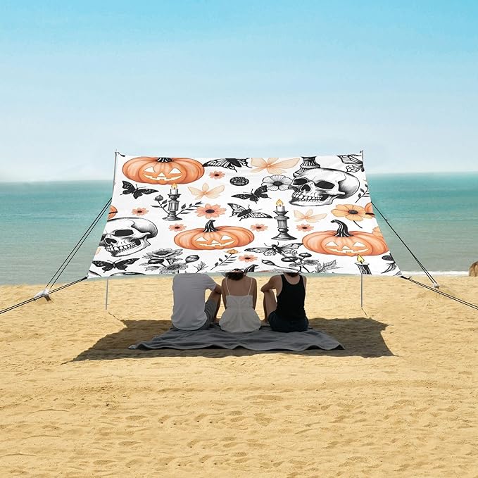 ALAZA Pumpkin Skull Pattern Beach Tent Sun Shelter Portable Canopy Sunshade for Outdoor Camping Picnics Backyard Fun 10x9 ft