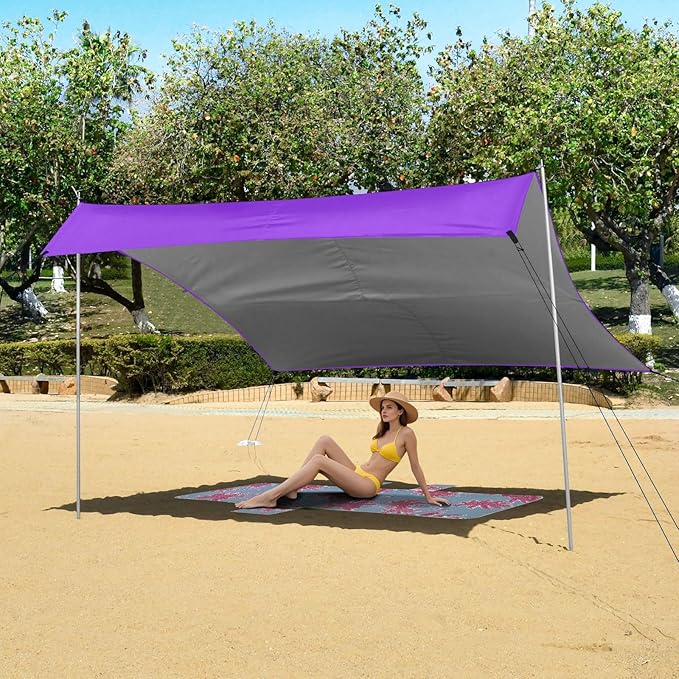 Blue Violet Purple Foldable Beach Tent UPF50 Water-Resistant Large Portable Sun Shelter with Sandbags and Shovel for Camping Picnics Backyard &amp Fishing