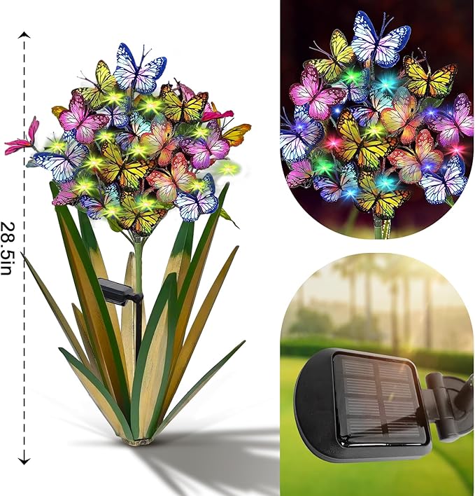 Homight Solar Metal Agave Butterfly Flower Stick Garden Sculpture Outdoor Gift Solar Garden Christmas Lights Swaying Butterfly Sunflower Garden Lights Solar Outdoor Statues (3 PCS Light Green)