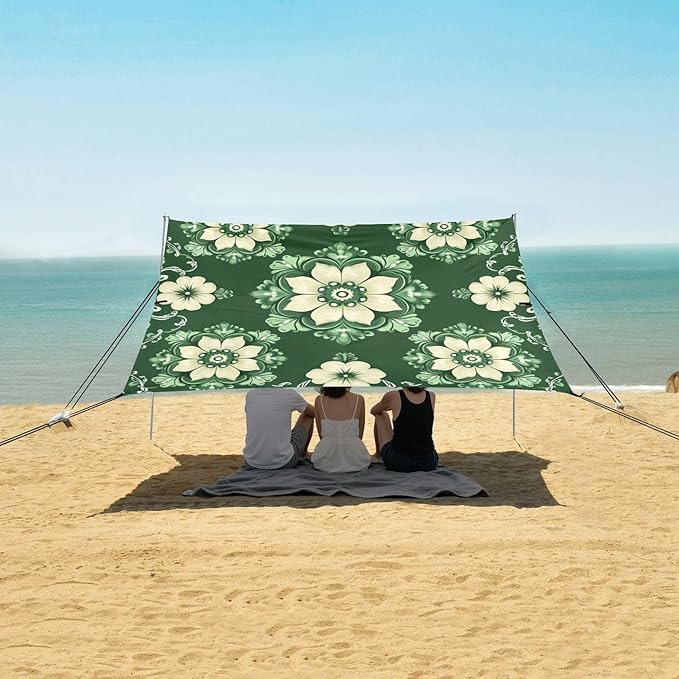 St Patrick's Day Flowers Green Beach Tent Sun Shelter Set UPF50+ UV Protection 10.5 x 9.19 FT Camping Shade Canopy with Sandbags Sand Anchors Carrying Bag and Others