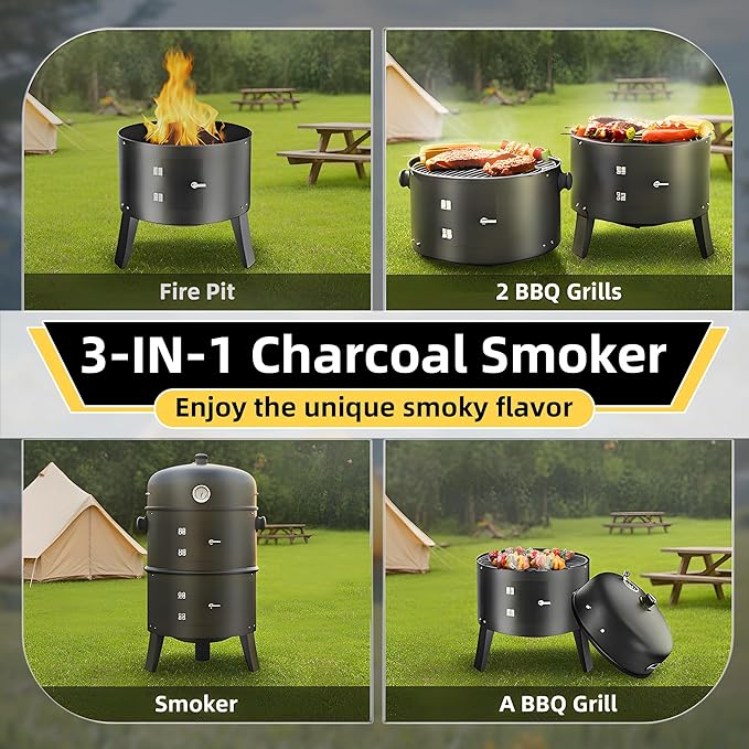 16 Inch Charcoal Smoker 3-in-1 Meat Smoker Grill with Thermometer &amp Dual Cooking Racks Portable Outdoor BBQ Smoker with 2 Access Doors Easy to Clean for Backyard Camping &amp Parties