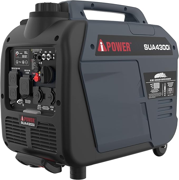 A-iPower Portable Inverter Generator Gas 4300W RV Ready EPA &amp CARB Compliant CO Sensor Portable Light Weight With Telescopic Handle For Backup Home Use Tailgating &amp Camping (SUA4300i)